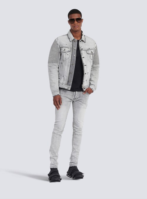 Balmain Faded And Ripped Jean Jacket With Ridged Panels Grey | CXQVOLJ-81