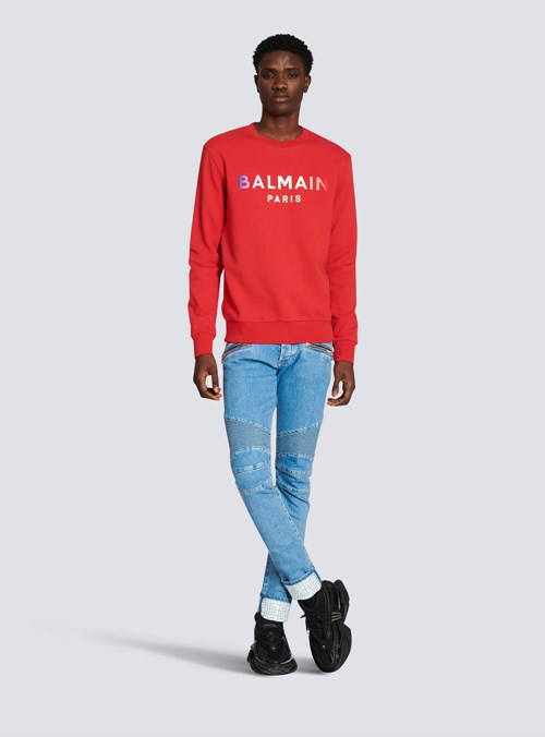 Balmain High Summer Capsule - Cotton Sweatshirt With Balmain Paris Tie-dye Logo Print Red | EWUHKFS-92