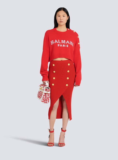 Balmain High Summer Capsule - Cropped Knit Sweater With Balmain Logo Print Red | ALHWNGC-26