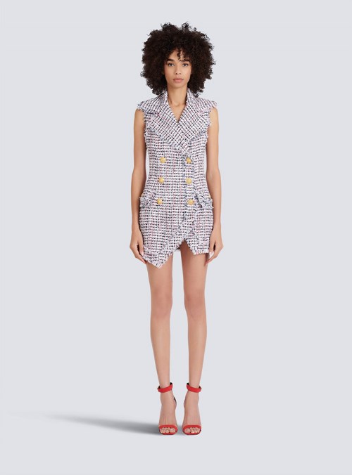 Balmain High Summer Capsule - Short Tweed Dress With Double-breasted Gold-tone Buttoned Fastening Multicolor | BJMWDTP-56