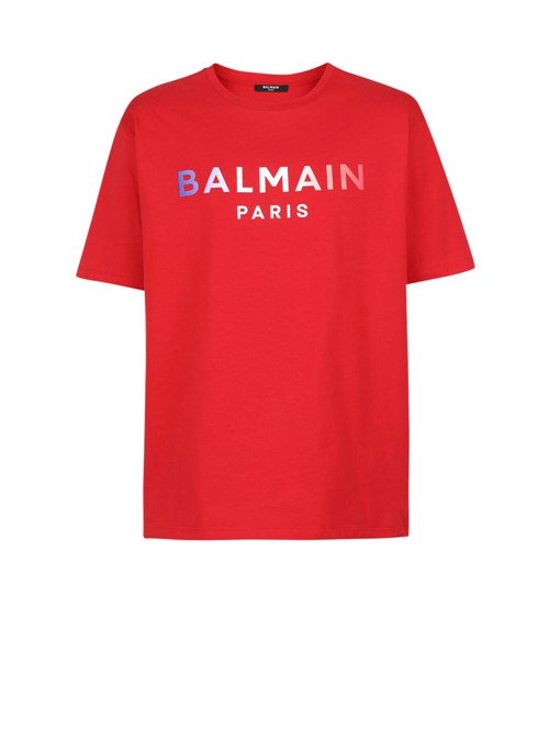 Balmain High Summer Capsule -cotton T-shirt With Balmain Paris Tie-dye Logo Print Red | SBNJGCA-78