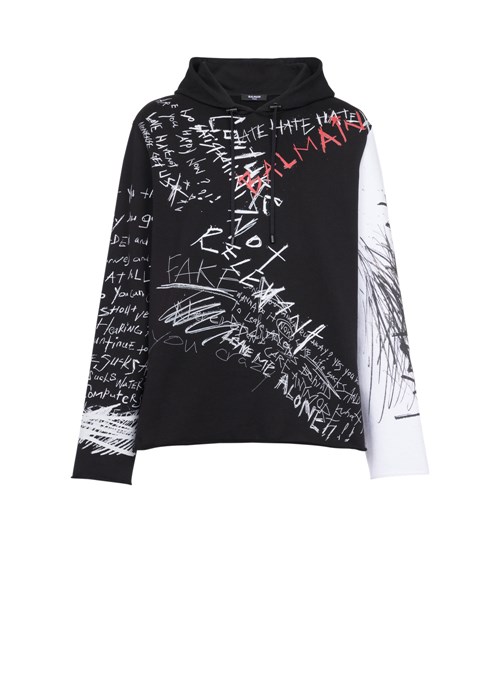 Balmain Hooded Cotton Sweatshirt With Graffiti Balmain Logo Print Black | LOBTQRS-59