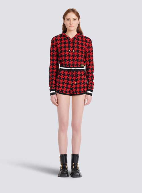 Balmain Houndstooth Print Knit Shorts Red | FOLRXVI-23