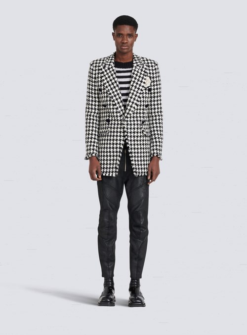 Balmain Houndstooth Print Tweed Blazer With Balmain Badge Black | AWRTQPI-46