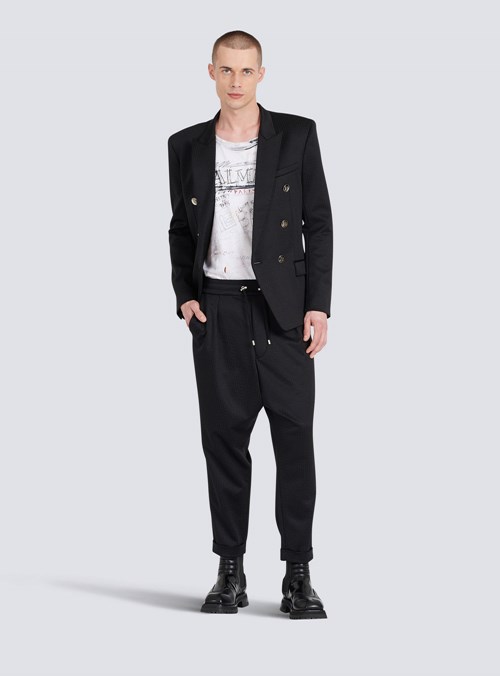 Balmain Jersey Double-breasted Blazer With Balmain Monogram Print Black | HKFLXDR-32