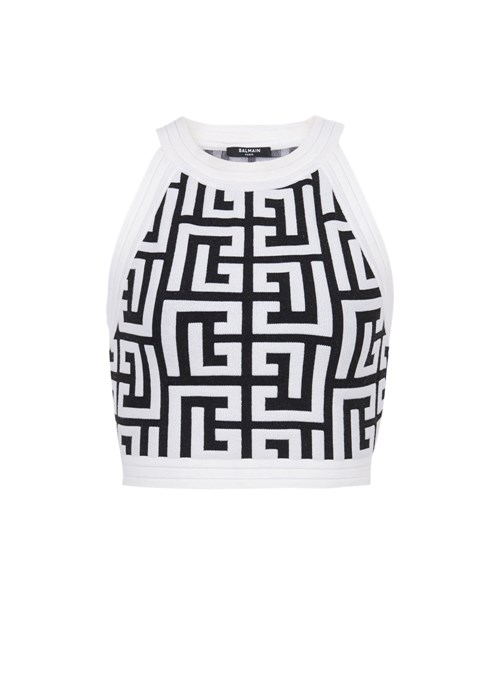 Balmain Knit Crop Top With Balmain Monogram White | CKUEQZW-15