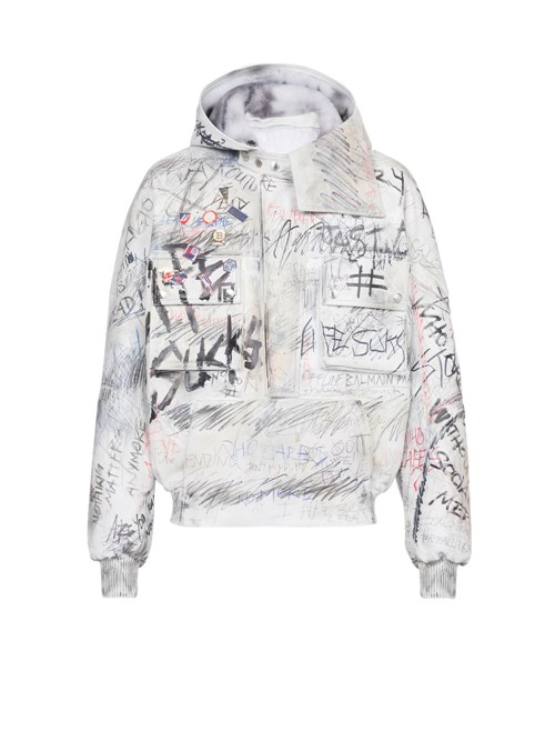 Balmain Leather Graffiti Aviator Jacket White | LAVOTBF-28