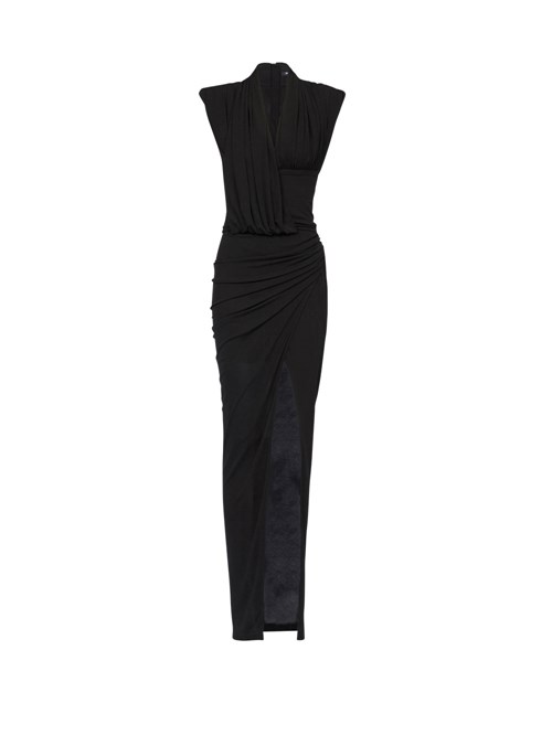 Balmain Long Draped Jersey Dress Black | SANULGF-02