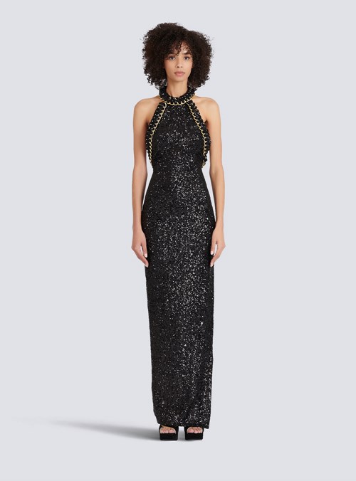 Balmain Long Sequined Embroidered Dress Black | JHYWFOL-98