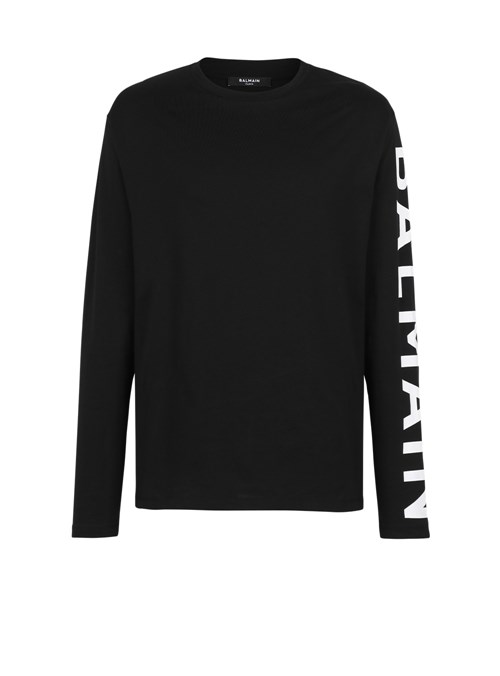 Balmain Long-sleeved Cotton T-shirt With Balmain Signature On Sleeve Black | YIFOWHM-87