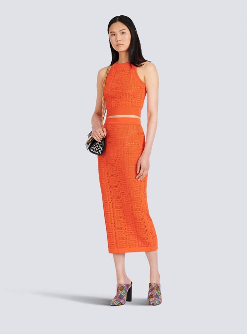 Balmain Mid-length Eco-designed Knit Skirt With Balmain Monogram Orange | GLBIWKE-03