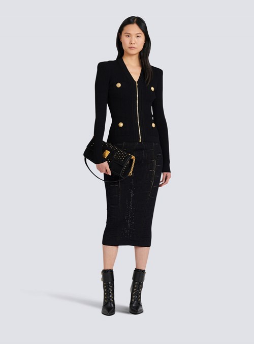 Balmain Mid-length Eco-designed Knit Skirt With Balmain Monogram Black | SJOMXUW-12