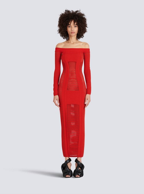 Balmain Mid-length Knit Bustier Dress Red | TRHGKAE-25