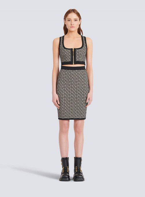 Balmain Mid-length Knit Skirt With Balmain Monogram Black | GWCYZHK-29