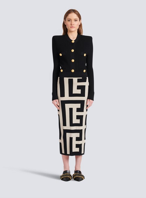 Balmain Mid-length Knit Skirt With Maxi Balmain Monogram Print Black | XFQOGNU-19