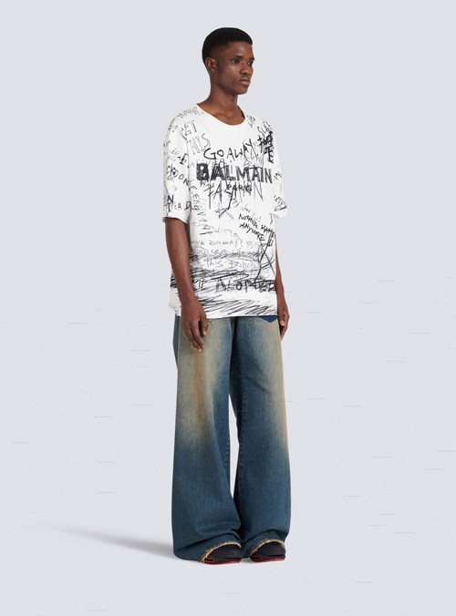 Balmain Oversized “Go Away” Print Cotton T-shirt White | TGWVCUK-06