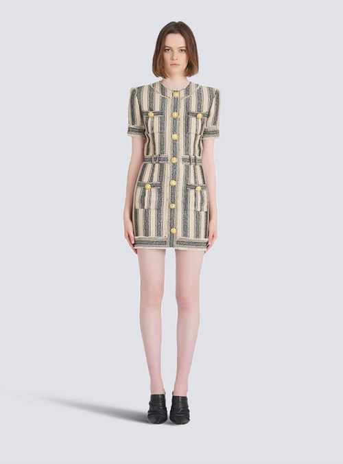 Balmain Short Cotton Piqué Dress With Gold-tone Buttons Multicolor | HOFBZCM-14