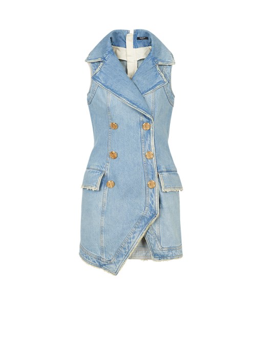 Balmain Short Eco-designed Denim Dress With Gold-tone Double-buttoned Fastening Blue | RKFLIGB-53