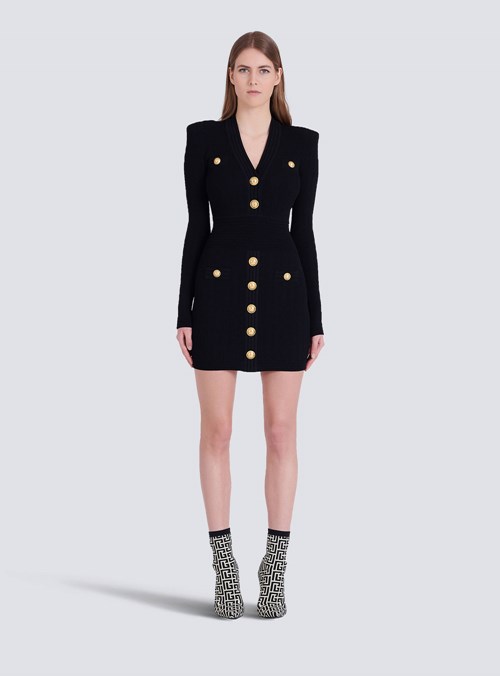 Balmain Short Eco-designed Knit Dress With Gold-tone Buttons Black | CXKJDTW-51