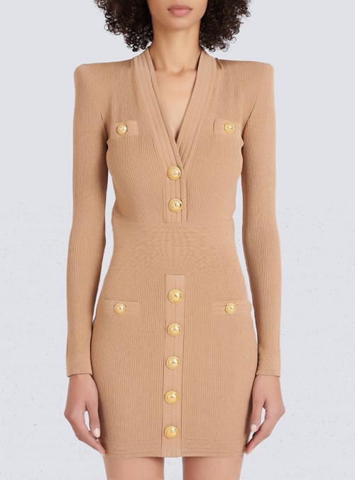 Balmain Short Eco-designed Knit Dress With Gold-tone Buttons Beige | DHITWYO-92