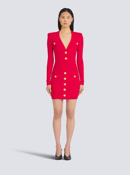 Balmain Short Eco-designed Knit Dress With Gold-tone Buttons Red | OYRHQVT-68