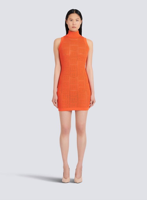 Balmain Short Eco-designed Knit Dress With Balmain Monogram Orange | XHJBAPR-07