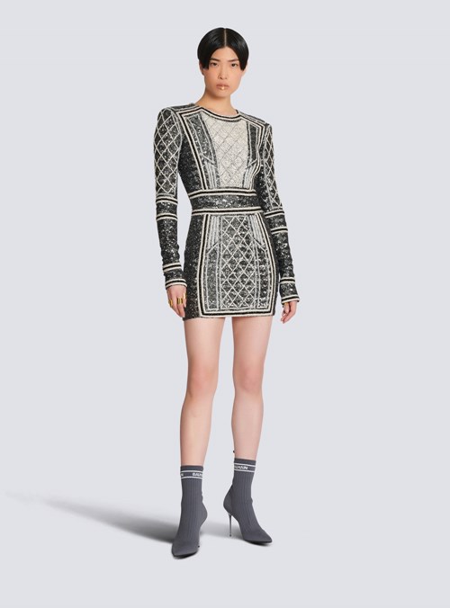 Balmain Short Embroidered Dress Grey | QYKVDZX-93