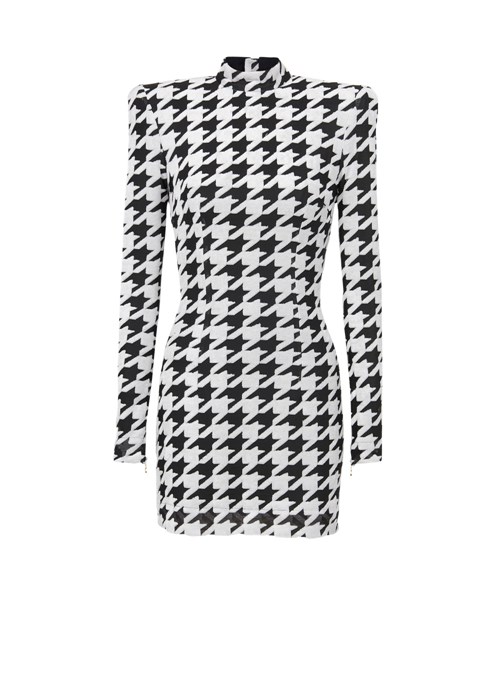 Balmain Short Houndstooth Print Velvet Dress Black | SJCWAFV-63