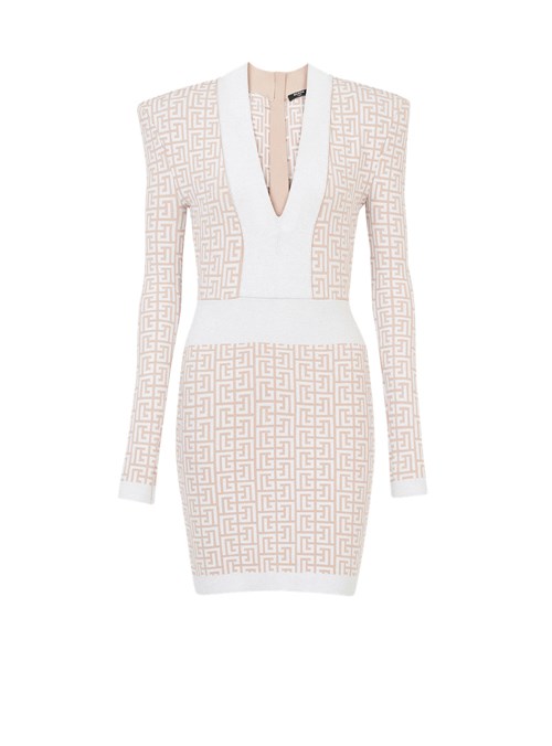 Balmain Short Knit Dress With Balmain Monogram White | KMPSGDH-71