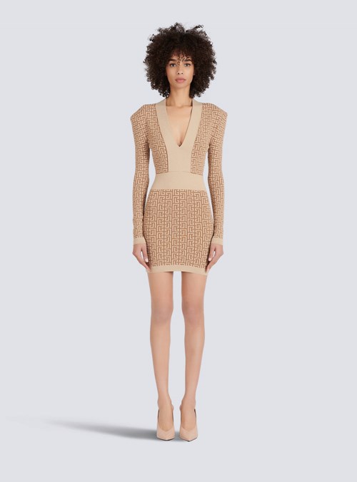 Balmain Short Knit Dress With Balmain Monogram Beige | MLJVHEK-19