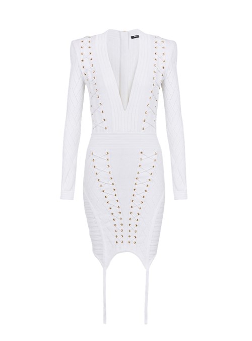 Balmain Short Knit Dress With Garter White | FAKUETG-68