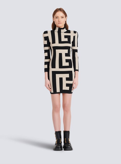 Balmain Short Knit Dress With Maxi Balmain Monogram Black | WJQADFY-48