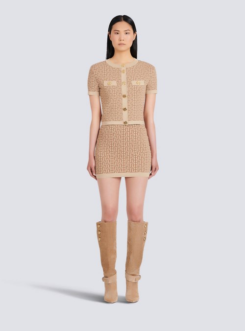 Balmain Short Knit Skirt With Balmain Monogram Beige | RIZUOLX-46