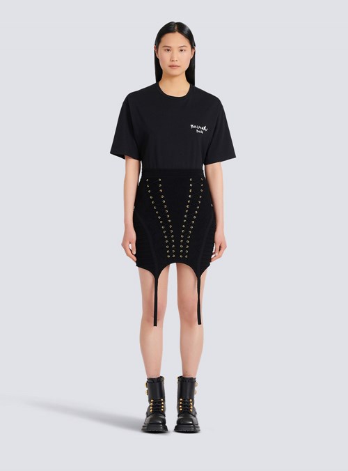 Balmain Short Knit Skirt With Garter Black | WCUSFBR-62