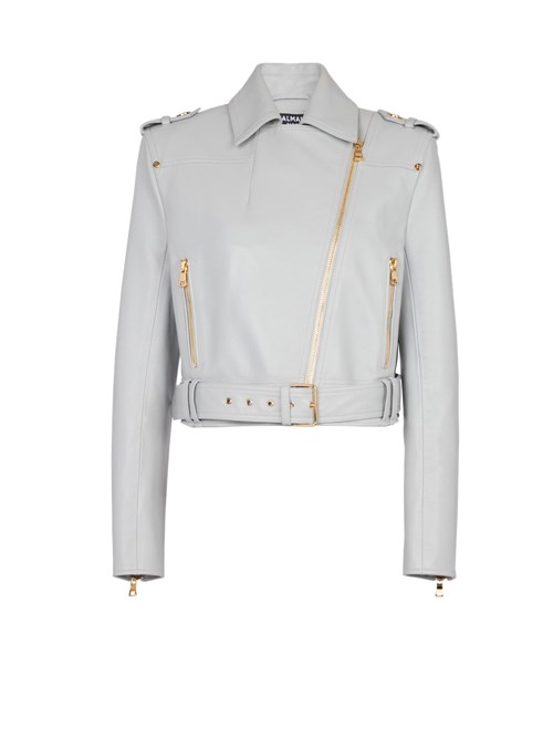 Balmain Short Leather Biker Jacket Grey | NPOSLHC-52