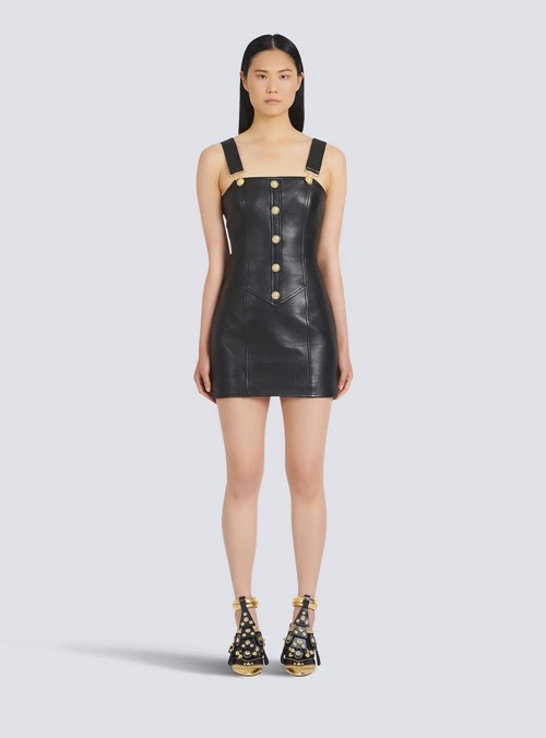 Balmain Short Leather Overall Dress Black | VYGJNWL-53