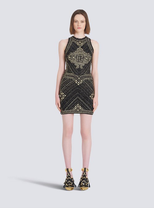 Balmain Short Tweed Dress With Embroidered Gold-tone Studs Gold | FGRIOZH-32