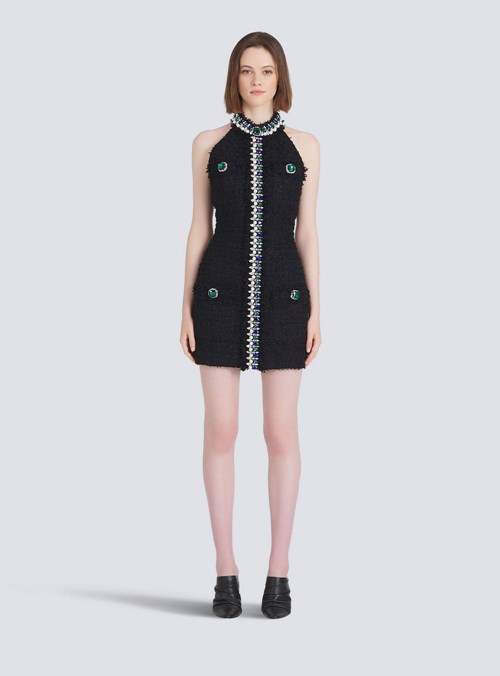 Balmain Short Tweed Dress With Multicolor Jewel Embroidery Black | GHJXYOF-54