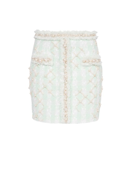 Balmain Short Tweed Skirt With Embroidery Green | QCFZUXP-96