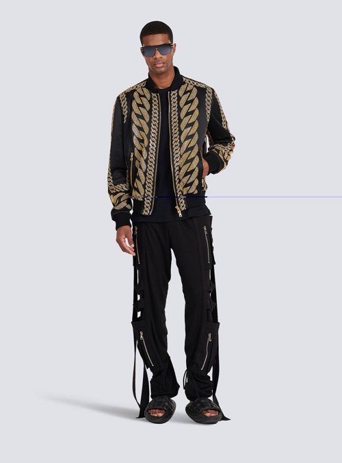 Balmain Silk Bomber Jacket With Chain Embroidery Black | SFUGIYZ-48