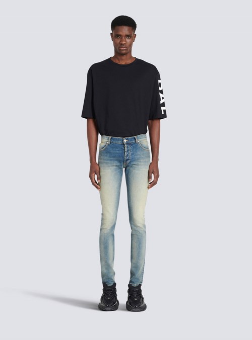 Balmain Slim Cut Faded Cotton Jeans Blue | AKNVIYP-15