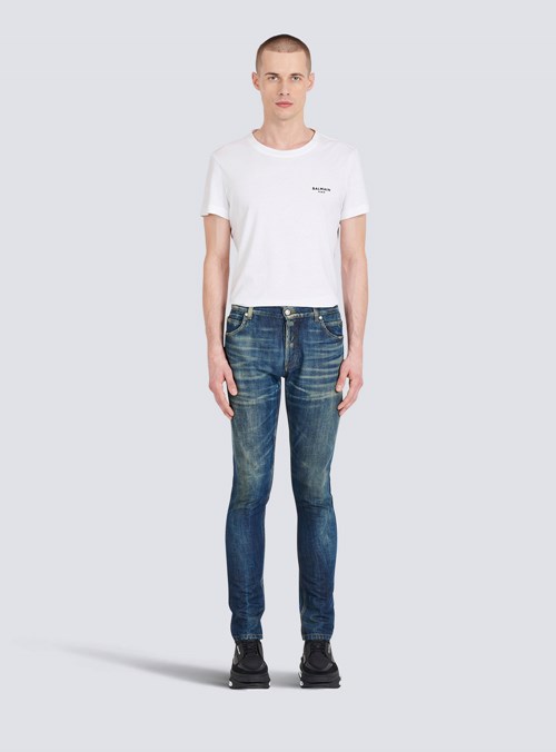 Balmain Slim Cut Faded Cotton Jeans Blue | BYUIPRF-89