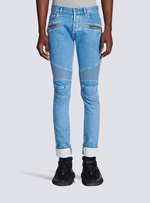 Balmain Slim Cut Ridged Cotton Jeans With Balmain Monogram Hem Blue | UMBDRPV-31