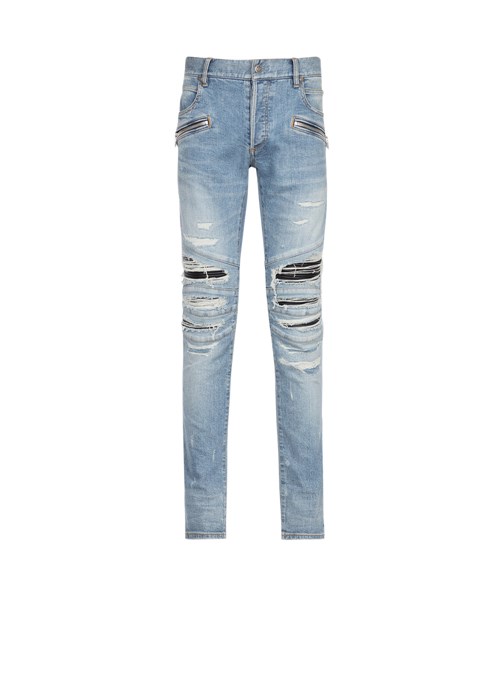 Balmain Slim Cut Ripped Cotton Jeans Blue | OQLGWRA-40