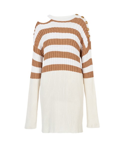 Balmain Striped Eco-designed Wool Dress Beige | YMDSGKJ-53