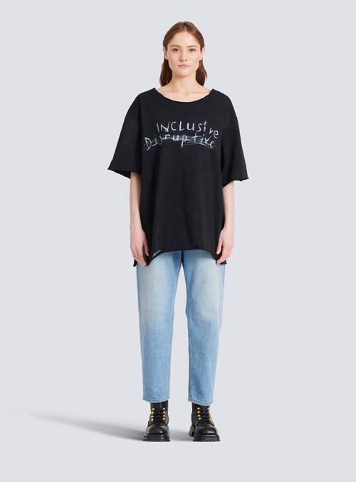 Balmain Unisex - Printed Cotton T-shirt Black | IGQSRFU-95