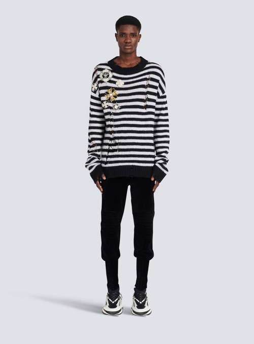 Balmain Unisex - Ripped Knit Nautical Sweater With Brooches Black | BJZWHIV-02