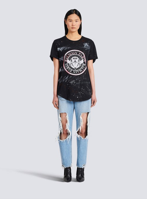 Balmain Unisex - T-shirt With Balmain Logo Print Graffiti Black | KZRUOWL-13