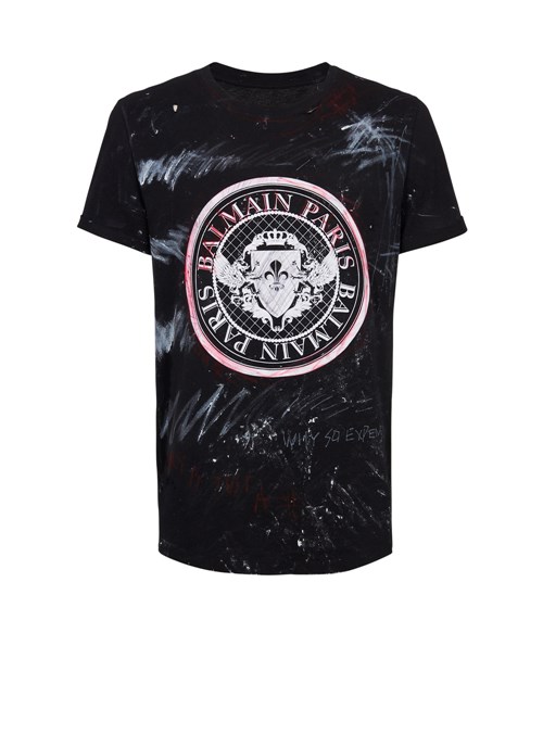 Balmain Unisex - T-shirt With Balmain Logo Print Graffiti Black | QYABGNT-18