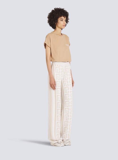 Balmain Wide Balmain Monogram Pants Beige | AFBQESL-87